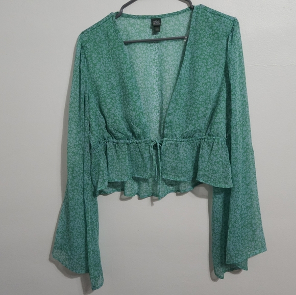 Wild Fable green sheer floral tie-front crop top. Size L - Picture 2 of 7